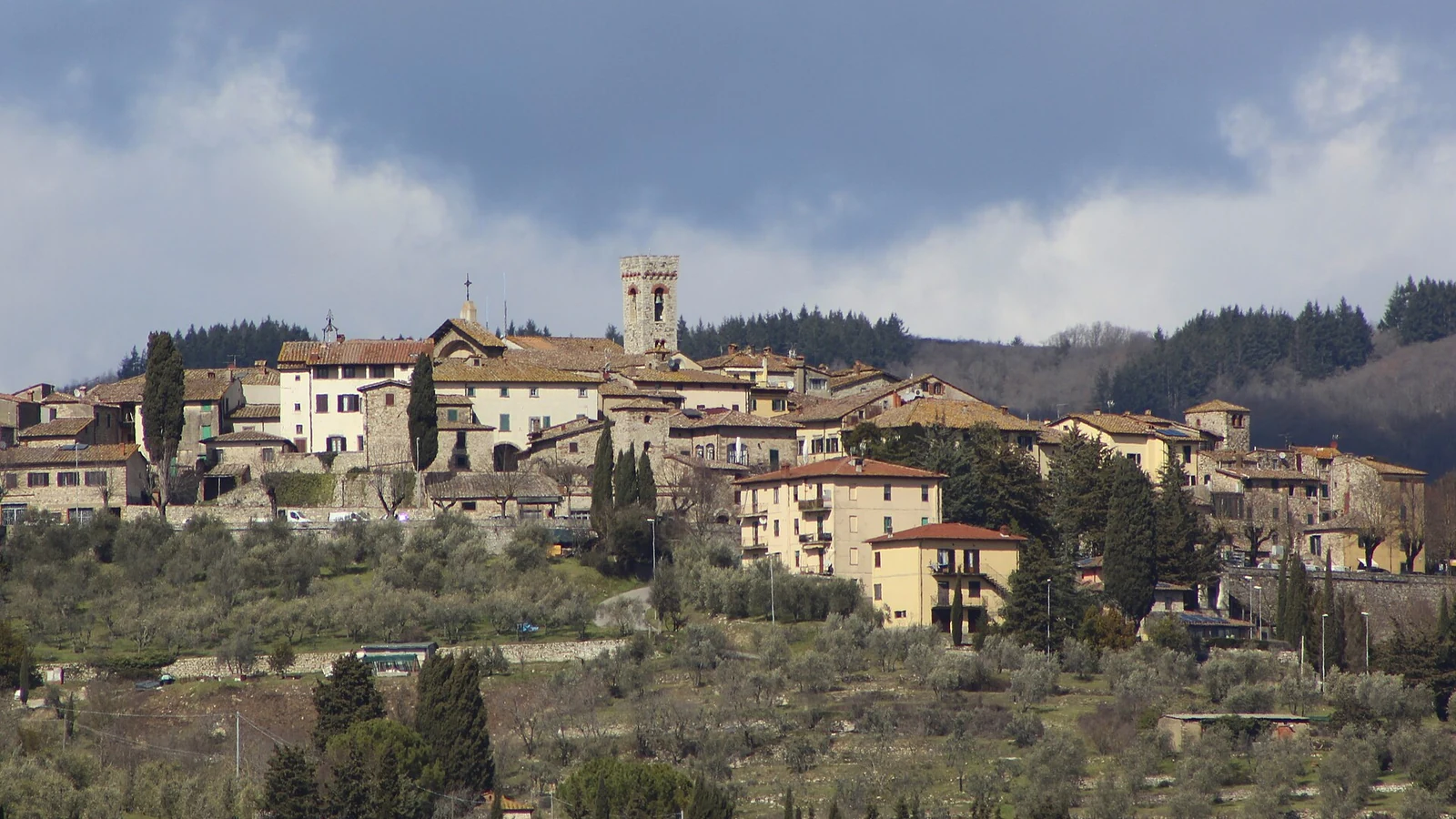 Il borgo di Radda in Chianti sul crinale, circondato da vigneti e oliveti